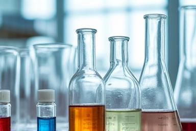 Image representing cosmetic formulation science, showing beakers and ingredients